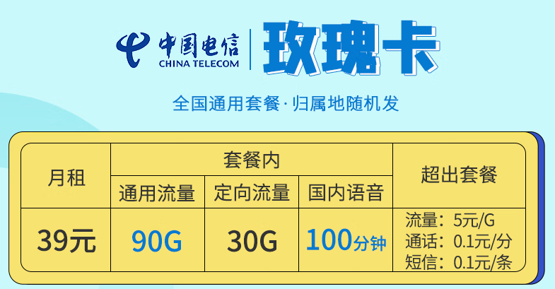 电信玫瑰卡 全国通用长期套餐20年不变流量+语音版更多低至9元手机上网卡