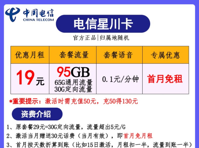 一篇电信流量卡套餐推荐 月租均为19元流量不等优惠不等欲购从速