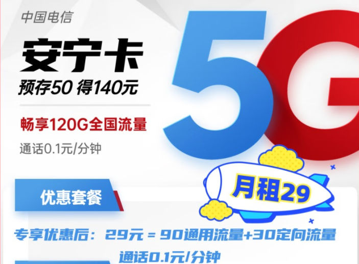 电信安宁卡29元月租包含90G通用+30G定向流量 预存50得140，更多好卡等你发现