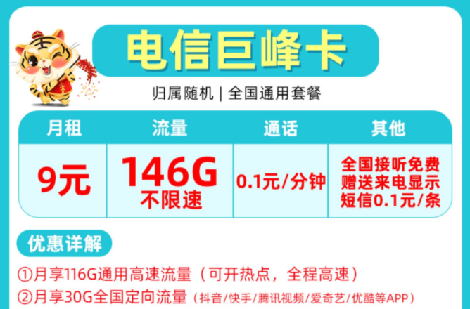 非常受欢迎的流量卡套餐有哪些？电信巨峰卡9元包含146G全国来了不限速+首月免费