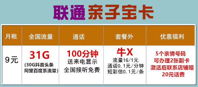 适合老人学生手表上使用的联通流量卡套餐 亲子宝卡仅9元可添加5个亲情号