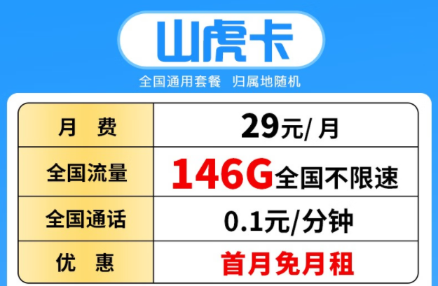 超多流量的电信流量卡套餐推荐 【电信山虎卡】29元/月146G全国流量+首月0月租