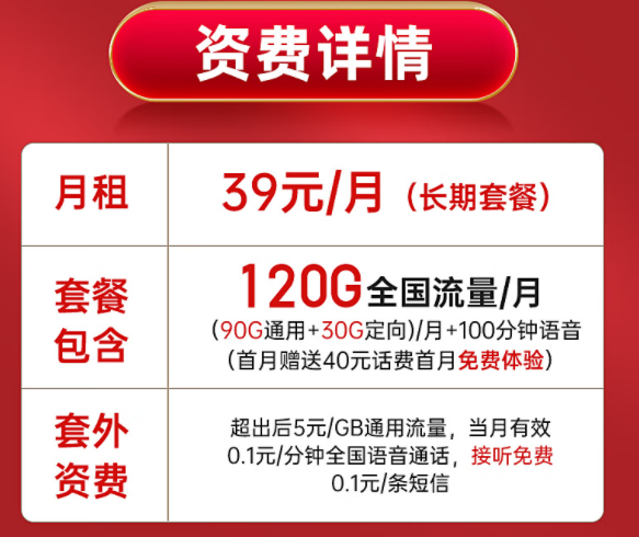 长期套餐电信启明卡【月租39元长期，包含90G通用+30G定向+100分钟通话】