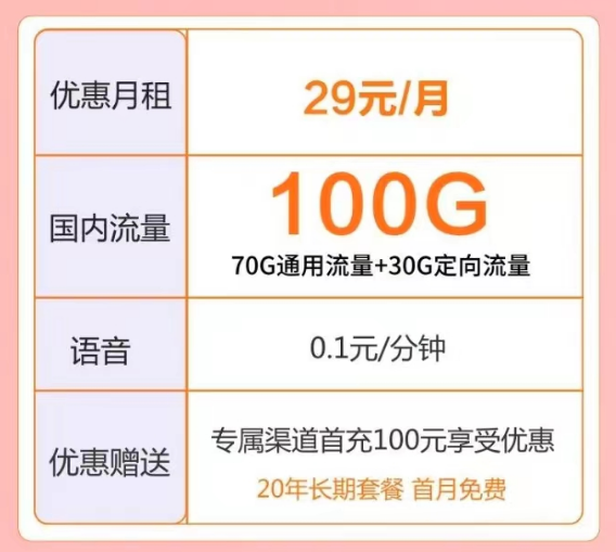 电信流量卡|卡1月租29元100G、卡2月租39元包120G|六星卡29元100G+亲情号