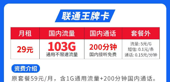 流量最多最便宜的是什么套餐？联通王牌卡29元103G|联通春风卡、秋雨卡|低月租大流量套餐