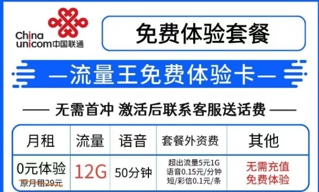 羊毛套餐|联通流量王免费体验卡0预存免费8个月|联通王卡无套路、无合约可添加8个亲情号