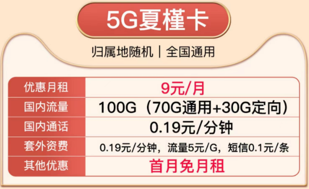 电信5G夏槿卡9元100G流量+首免|月租低流量多的电信卡|虎神卡20元150G通用+200分钟