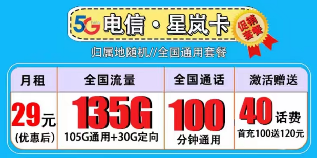 超优秀的流量套餐|电信星岚卡29元135G流量+100分钟|19元迎春卡|首月0元用