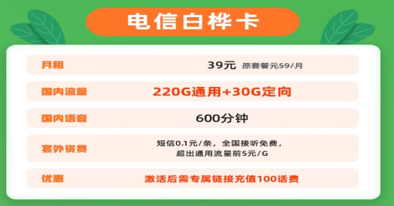 电信白桦卡|39元大流量套餐+首月0元+长期有效