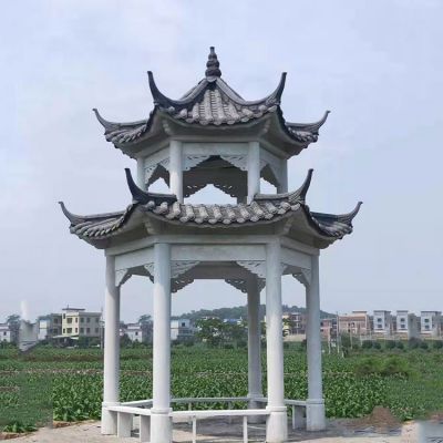 青石雕刻二层仿古建筑园林凉亭村庄景观雕塑