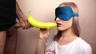 Petite step sister got blindfolded in fruits game