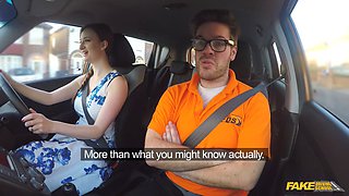 Bushy big titty brunette gives head and clit to driving instructor