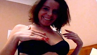 Dark-haired German girl delights in having her breasts covered in cum