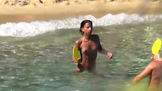 Naked arab girl playing water tennis tanned lines sunbathing