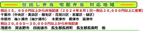 仕出し弁当 宅配弁当 対応地域 税込１５,０００円以上から弁当配達（２０２４年８月１日～税込２０,０００円以上に変更）　千葉市（中央区・美浜区・稲毛区・花見川区・若葉区・緑区）　市原市　袖ヶ浦市（袖ケ浦市）　木更津市　君津市　富津市　税込２０,０００円～３０,０００円以上から弁当配達　茂原市　習志野市　四街道市　長生郡長柄町　長生郡長南町　他