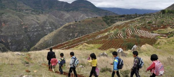 Xie Bihua (L), a 47-year-old teacher of a rural primary school located at the mountainous area, leads on a small dirt road as he walks with his students after school, in Weining Yi, Hui, and Miao Autonomous County, Guizhou province, China, May 28, 2015.  REUTERS/Stringer