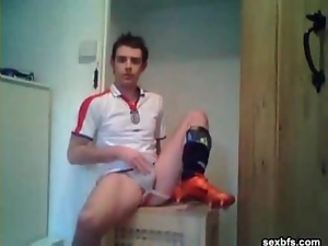 Cutie in soccer uniform jerks off his dick