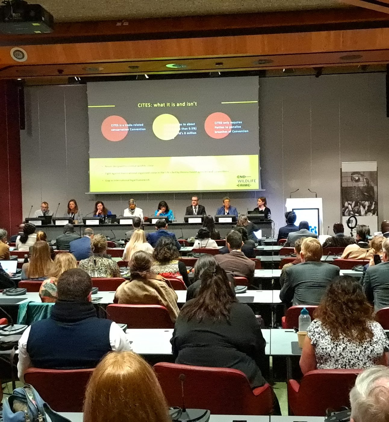 A room full of people sitting at desks, with a panel and large projector screen at the front of the room.