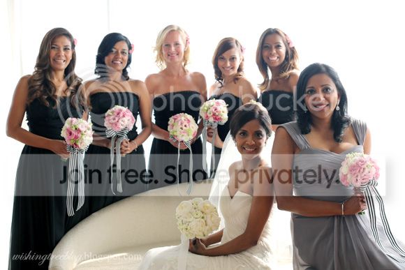Monochromatic done right. Gorgeous bride with her maid-of-honour and bridesmaids, with pastel bouquets wrapped in black and white striped ribbon. bouquets, bridal bouquets, bridesmaids bouquets, monochromatic, pastels, black and white